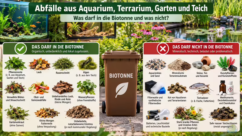 Abfälle aus Aquarium, Terrarium, Garten und Teich: Was darf in die Biotonne und was nicht?