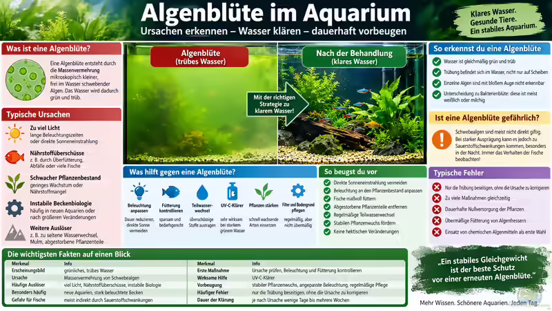 Algenblüte im Aquarium: Ursachen erkennen, Wasser klären und dauerhaft vorbeugen