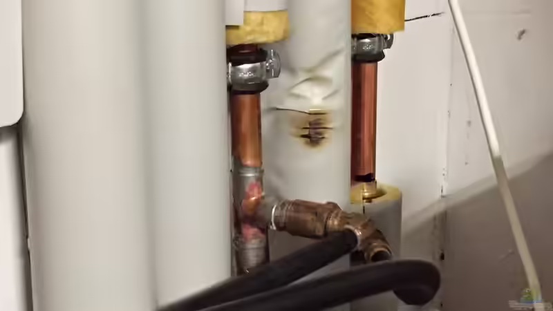 Die Anschlüsse von Kalt- und Warmwasser hinter der Heizung. (der Kunststoff ist von Christof Engel (9)