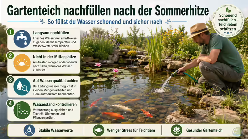 Nach der Hitzeperiode: Warum der Gartenteich jetzt nicht randvoll nachgefüllt werden sollte