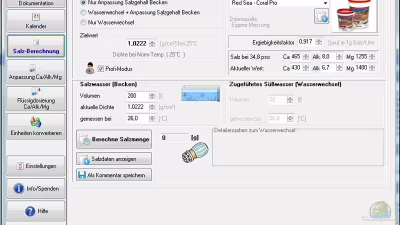 Software zur Berechnung der Balling Methode und Verfolgung der Wasserwerte im Meerwasseraquarium