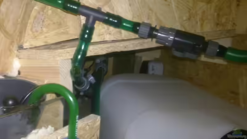 T-Stück vom Filter zu den beiden Ausläufen - links sieht man im Rohr den Regelheizer und gerade aus liegt der Vorratsbehälter für das Regenwasser.  von Betta Chris (42)