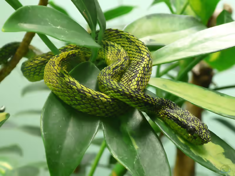 Bothriechis nigroviridis: Schwarzgefleckte Palmlanzenotter im Terrarium halten (Einrichtungsbeispiele mit Schwarzgefleckte Palmlanzenottern)